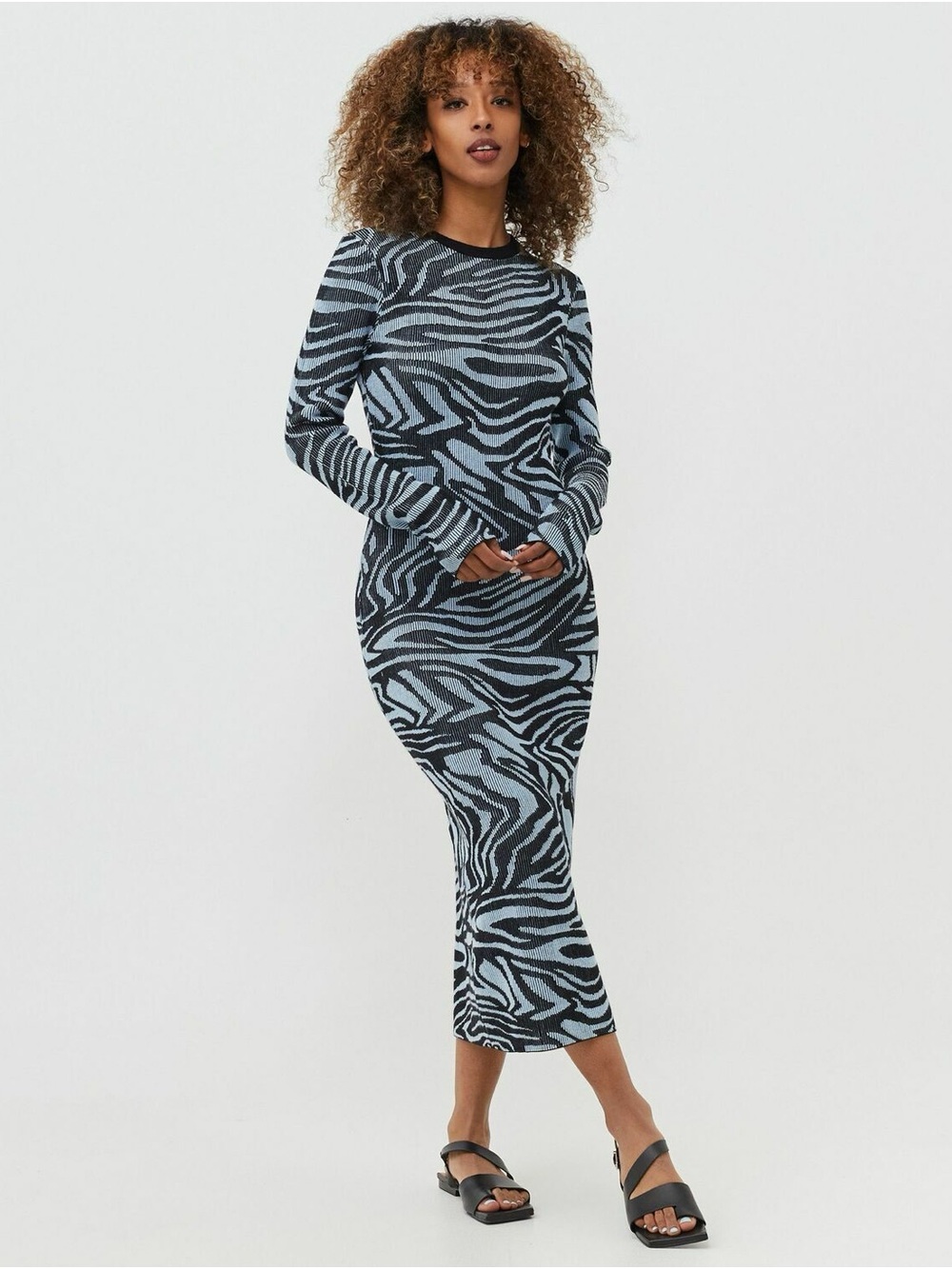 Stine Goya Chiara Graphic Rib Knit Dress L Blue Abstract